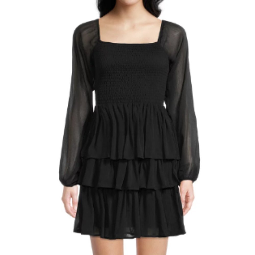 Madden NYC Women’s Smocked Ruffle Dress size S Black Peasant Boho NWT